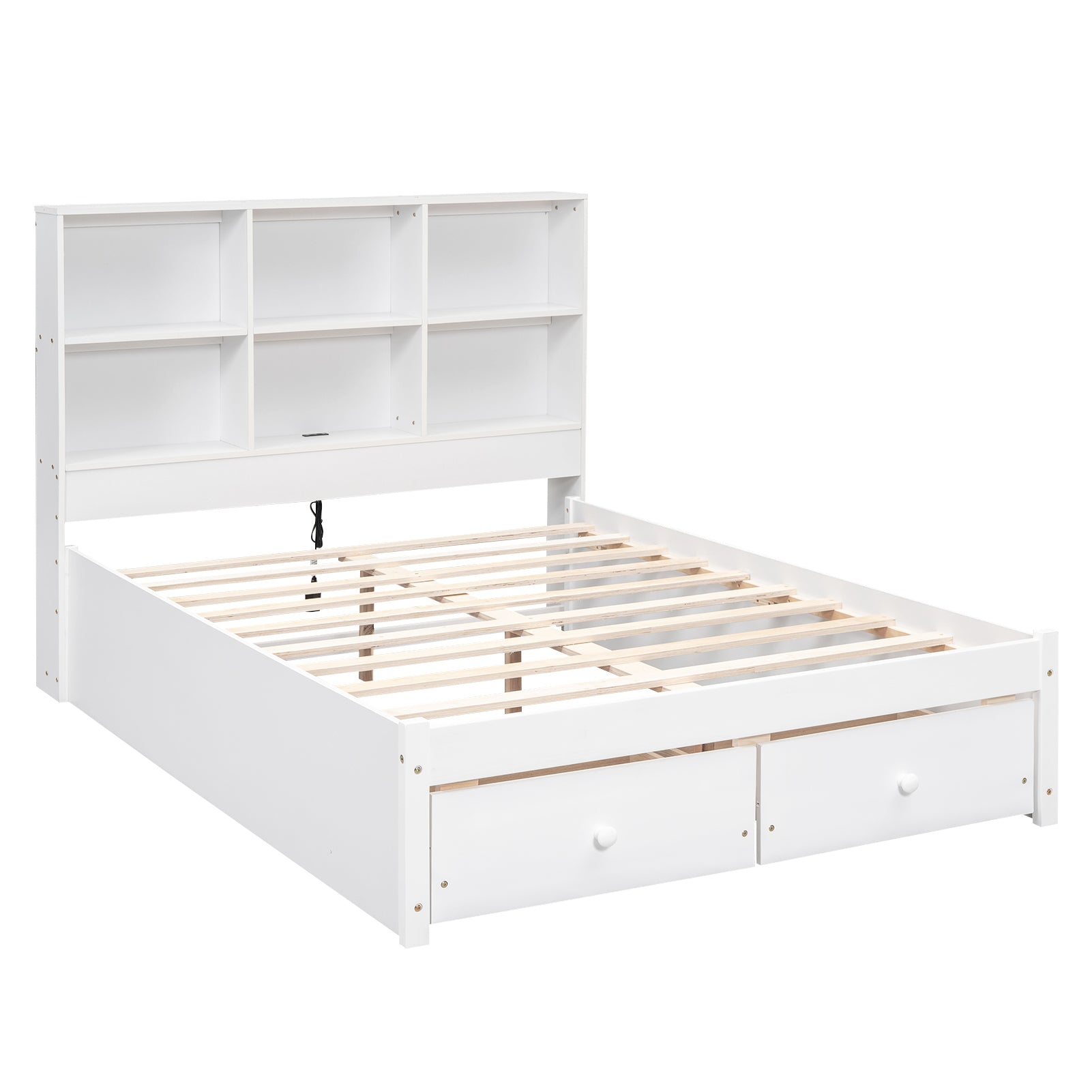 Full Size Platform Bed with Storage Headboard, Charging Station and 2 Drawers, White - Atlantic Fine Furniture Melbourne FL