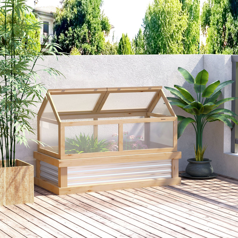 Outsunny - Raised Garden Bed With Polycarbonate Greenhouse, Wooden Garden Cold Frame Greenhouse, Flower Planter Protection, 48" x 24" x 32" - Natural