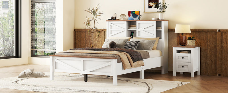 Farmhouse Platform Bed with Double Sliding Barn Door, Full Size Rustic Wood Bed with
Charging Station, Wood Slats Support, White+Brown