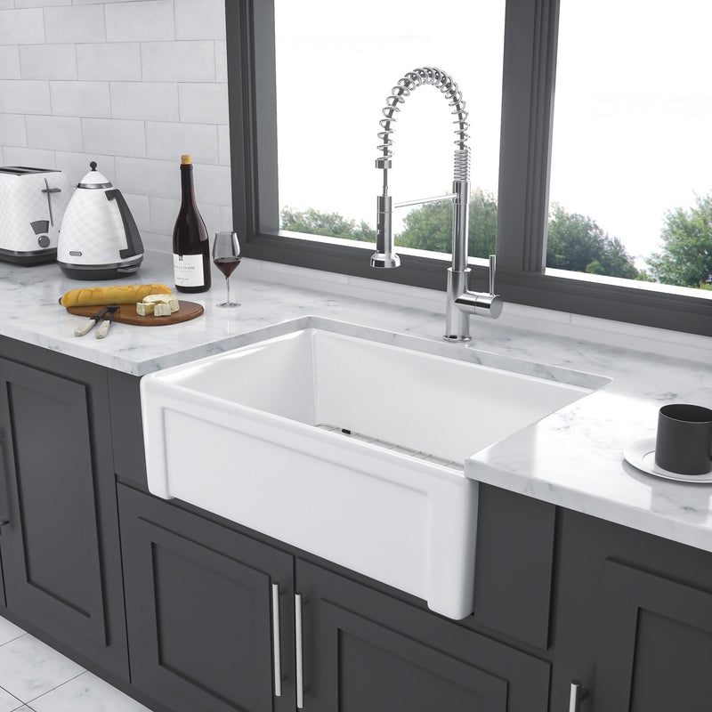 Sink 30" Apron Front Reversible Single Bowl Kitchen Sink With Grid, Strainer - White