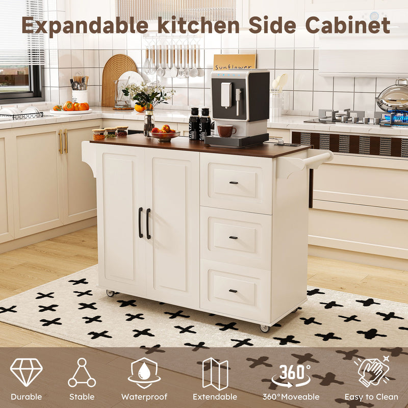 Kitchen Island Cart With Foldable Tabletop & Drop Leaf Mobile Breakfast Bar With Wood Top And Storage - White / Walnut