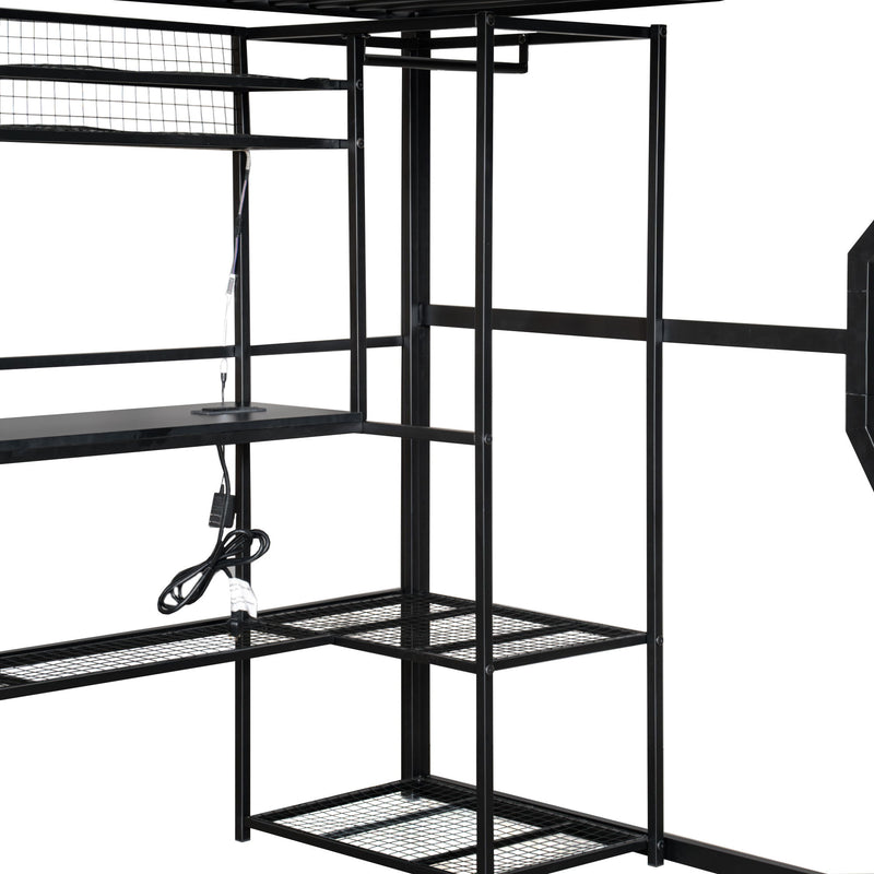 Full Size Gaming Loft Bed With Built In Work Station, Open Wardrobe, LED And Multiple Storage - Black