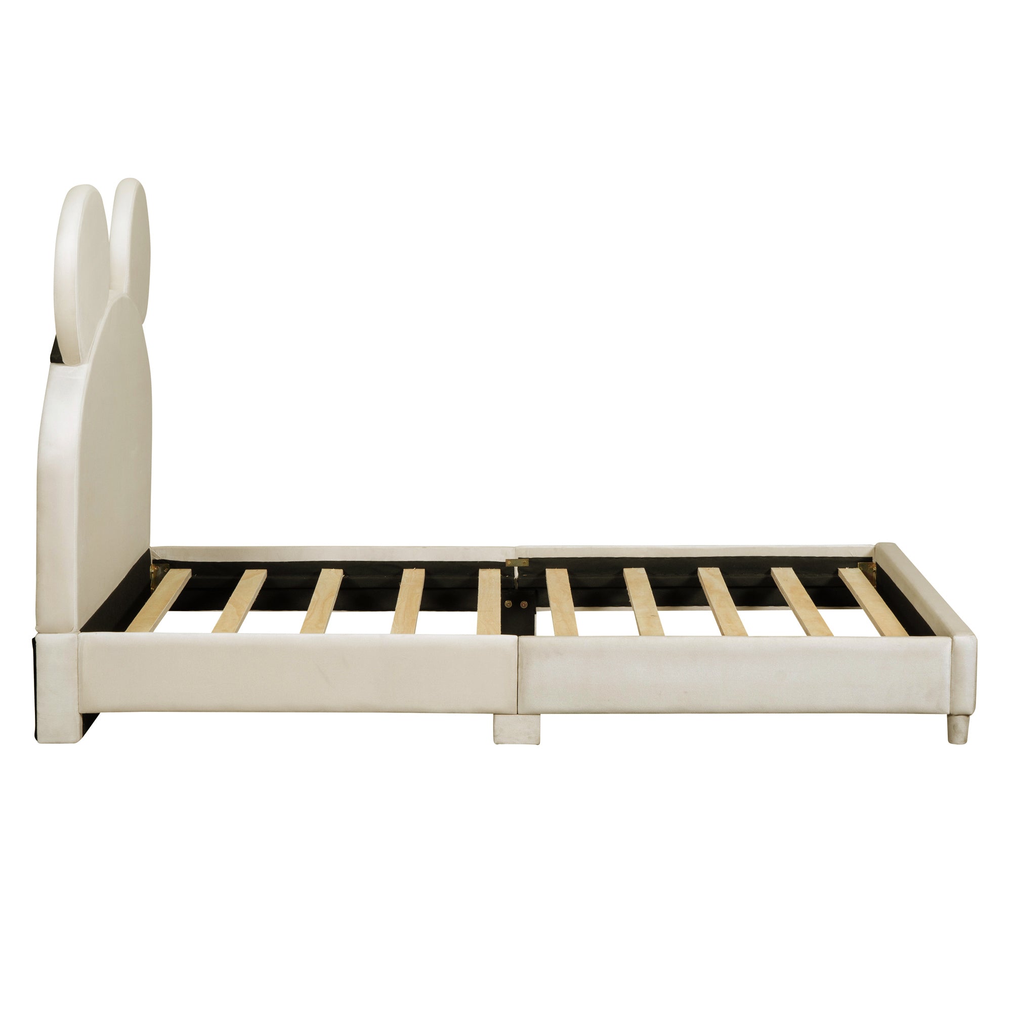 Twin Size Upholstered Platform Bed with Bear Ear Shaped Headboard, Beige - Atlantic Fine Furniture Melbourne FL