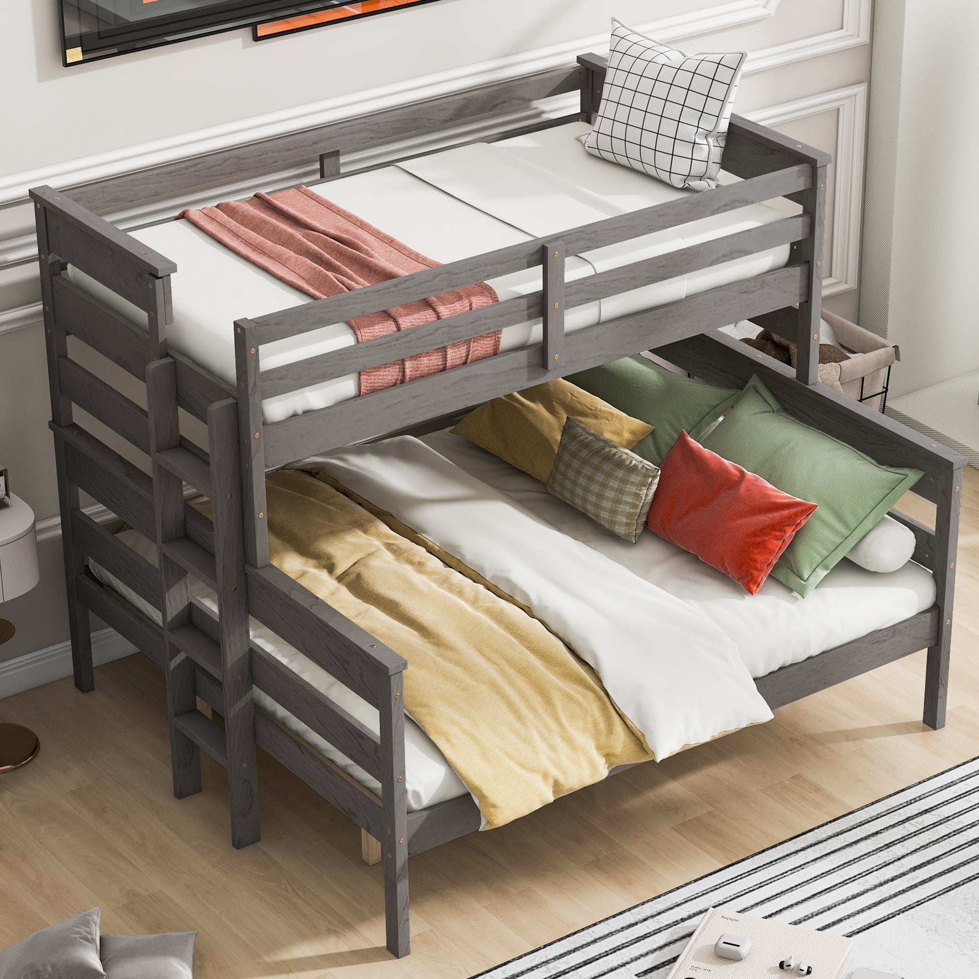 Wood Twin XL over Queen Bunk Bed with Ladder, Gray - Atlantic Fine Furniture Melbourne FL