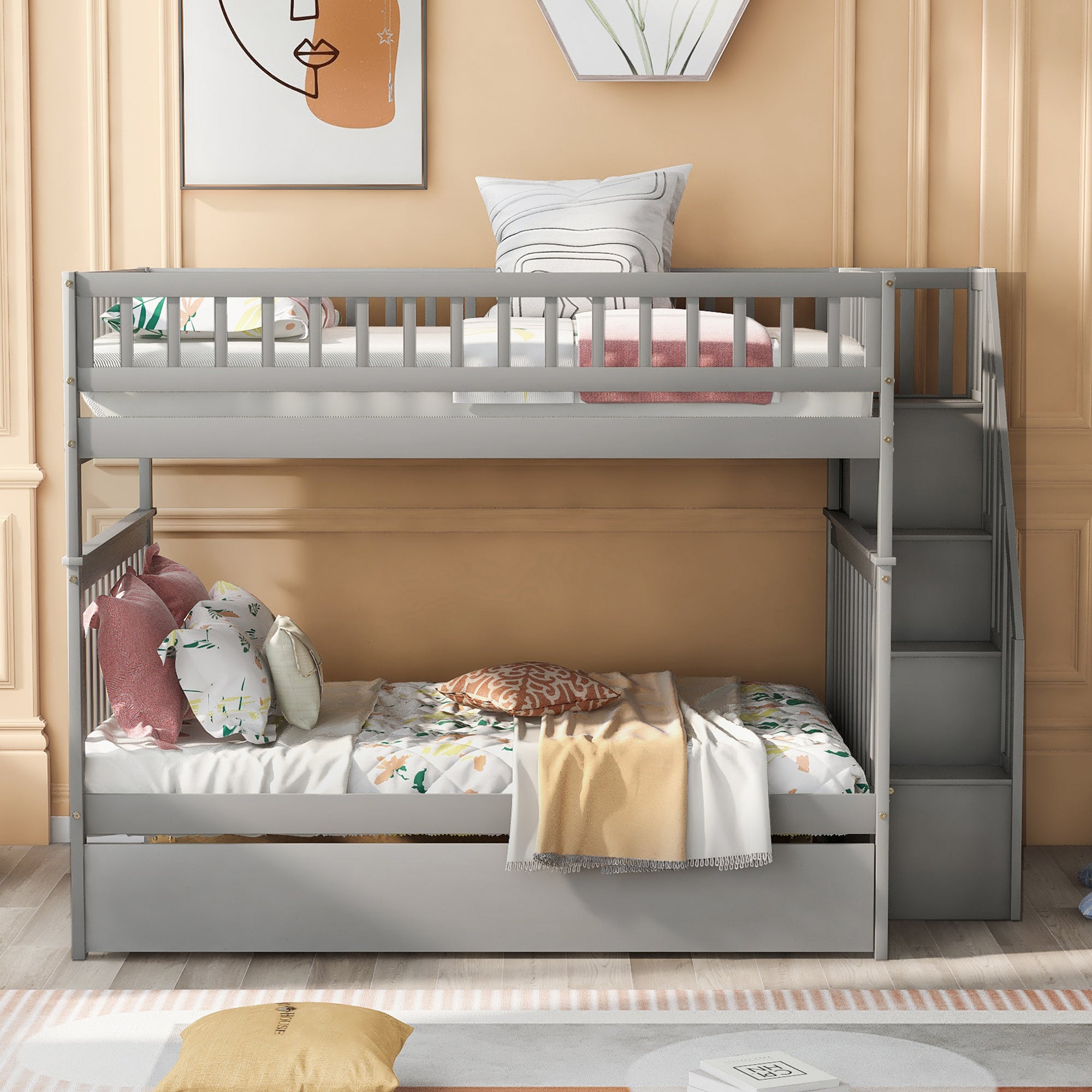 Full over Full Bunk Bed with Trundle and Staircase,Gray - Atlantic Fine Furniture Melbourne FL