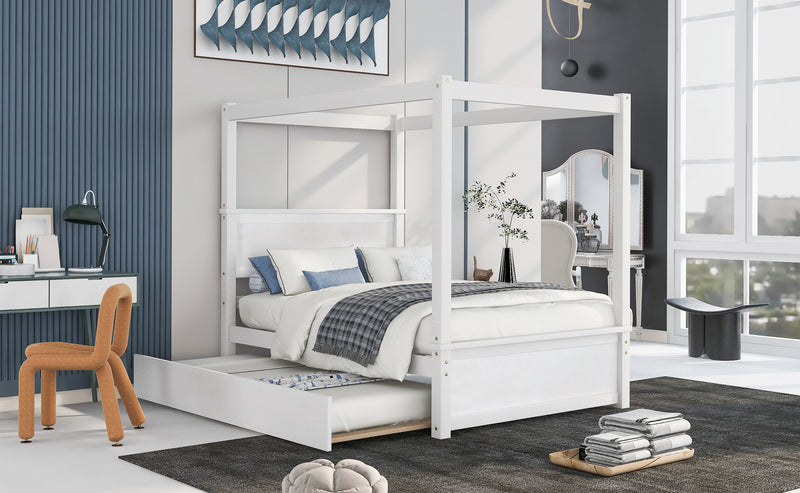 Wood Canopy Bed with Trundle Bed ,Full Size Canopy Platform bed With  Support Slats .No Box Spring Needed, Brushed White