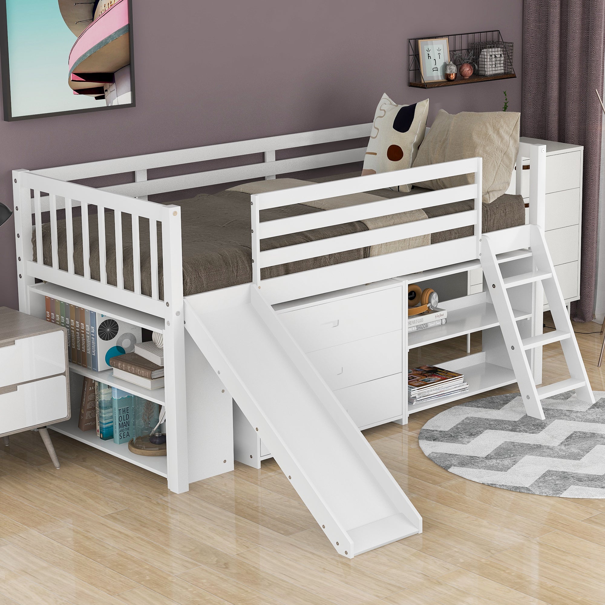 Low Loft Bed with Attached Bookcases and Separate 3-tier Drawers,Convertible Ladder and Slide,Twin,White - Atlantic Fine Furniture Melbourne FL