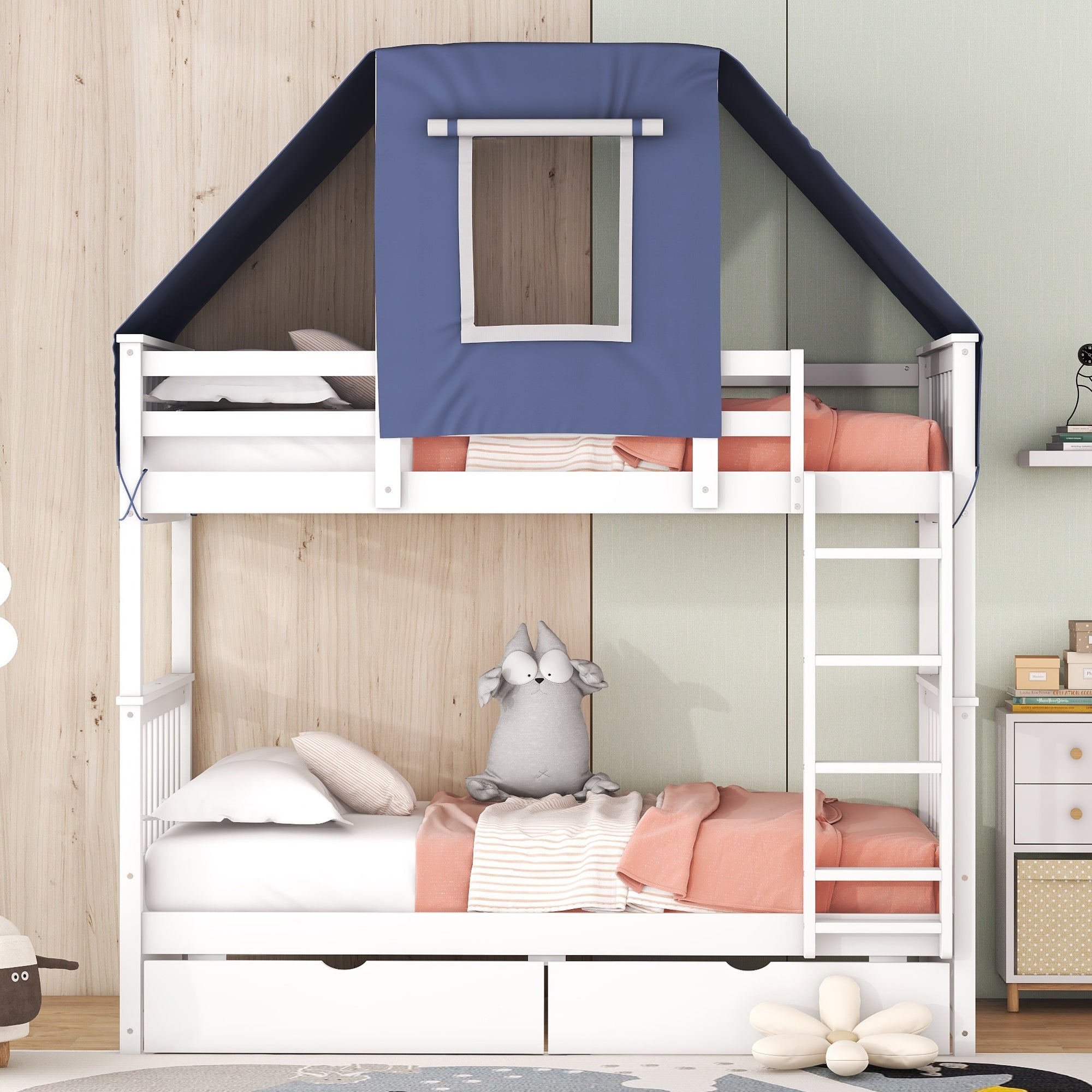 Twin Over Twin Bunk Bed Wood Bed with Tent and Drawers, White+Blue Tent - Atlantic Fine Furniture Melbourne FL