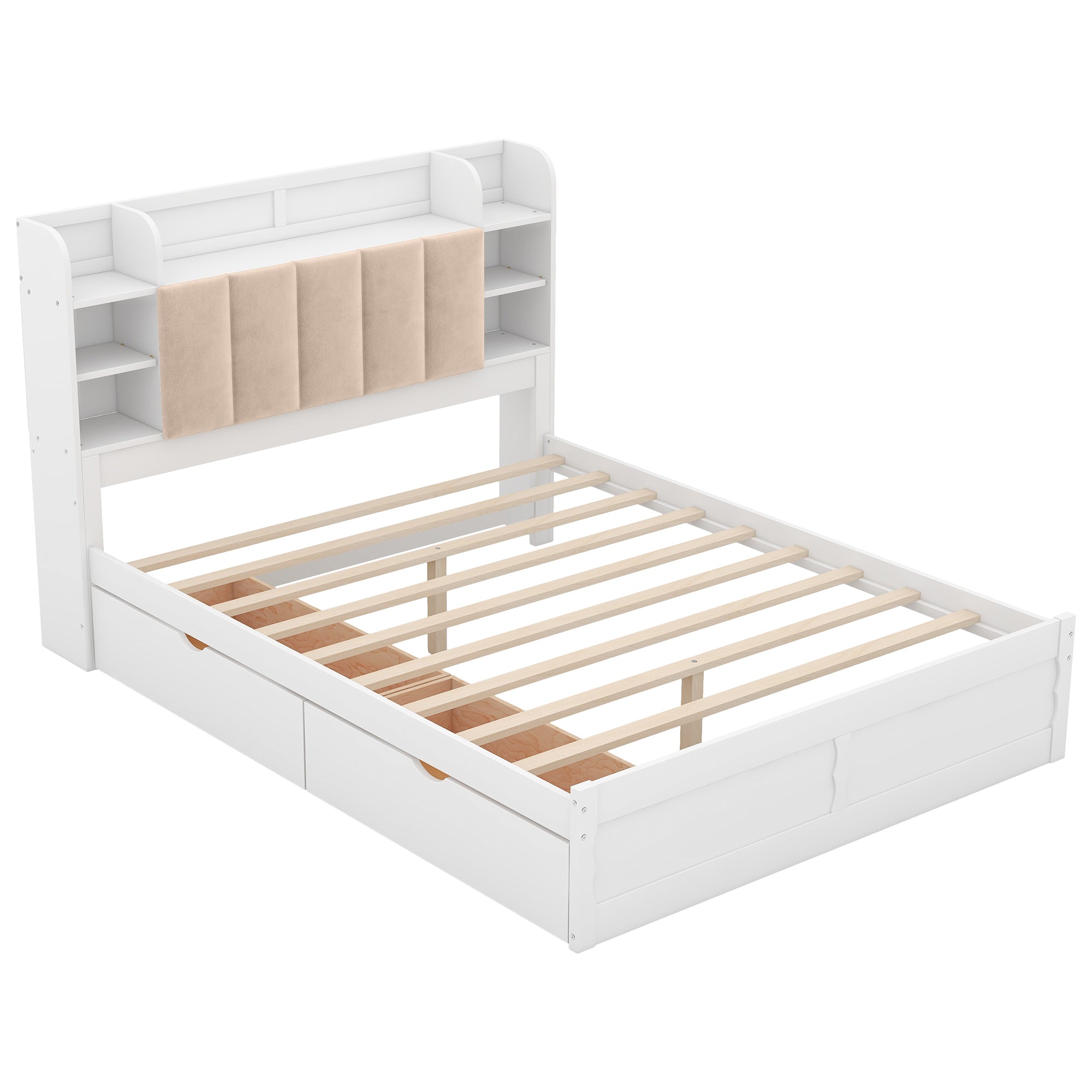 Wood Queen Size Platform Bed with Storage Headboard, Shelves and 2 Drawers, White - Atlantic Fine Furniture Melbourne FL