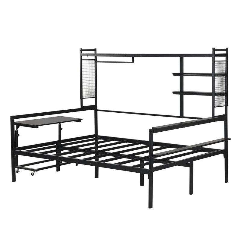 Daybed With Movable Desk, Grid, Shelves And Clothes Hanger