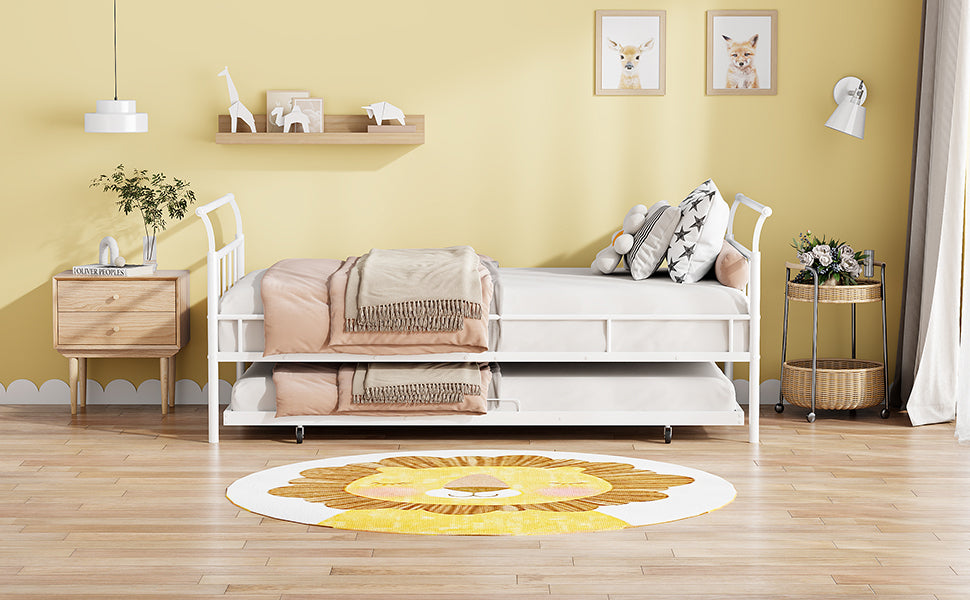 Twin Size Metal Daybed with Curved Handle Design and Twin Size Trundle, White - Atlantic Fine Furniture Melbourne FL