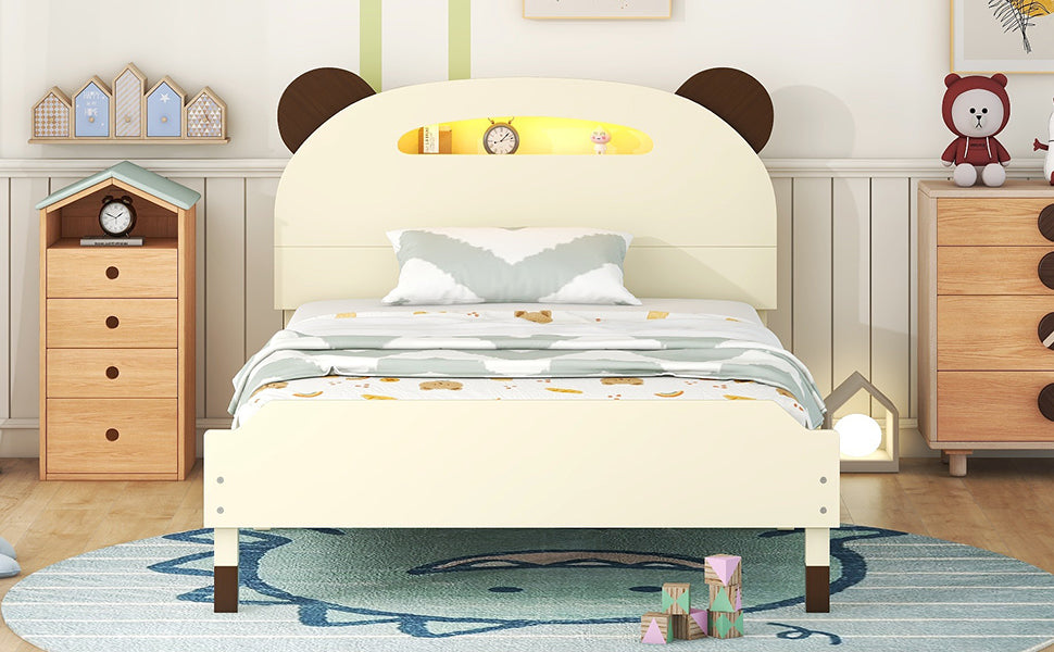 Twin Size Wood Platform Bed with Bear-shaped Headboard,Bed with Motion Activated Night Lights,Cream+Walnut - Atlantic Fine Furniture Melbourne FL