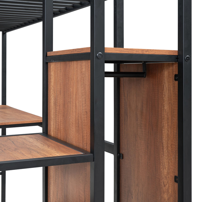 Loft Bed With Desk And Grid, Stylish Frame With Lateral Storage Ladder And Wardrobe