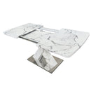 Modern Square Dining Table, Stretchable, with Printed White Marble Table Top+MDF X-Shape Table Leg with Metal Base