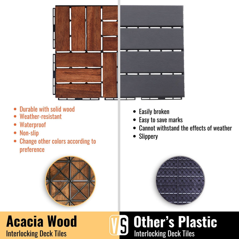 Acacia Wood Interlocking Deck Tiles Checker Pattern For Outdoor Flooring