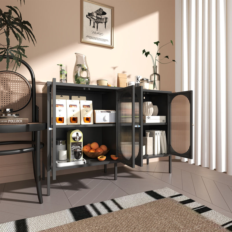 Modern Metal Sideboard Cabinet With 4 Glass Doors, Steel Kitchen Storage And Coffee Bar Cabinet - Black
