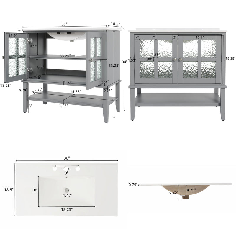 Bathroom Vanity With Ceramic Sink, Adjustable & Open Shelf