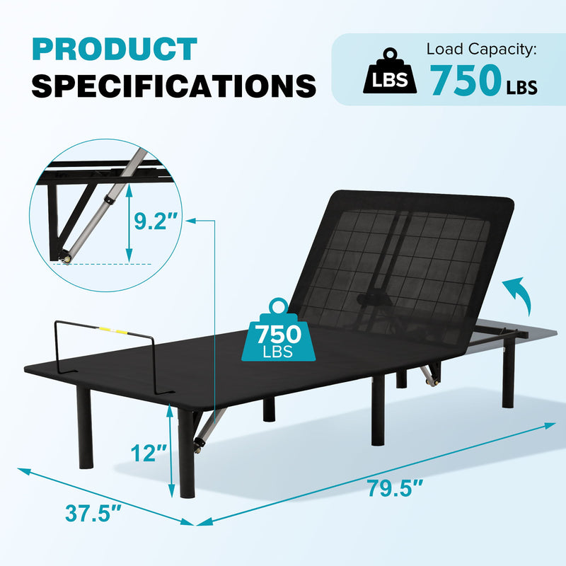 Adjustable Metal Bed Base With Head And Foot Incline, Anti Snore Feature, Wireless Control, Twin Long - Antique Black