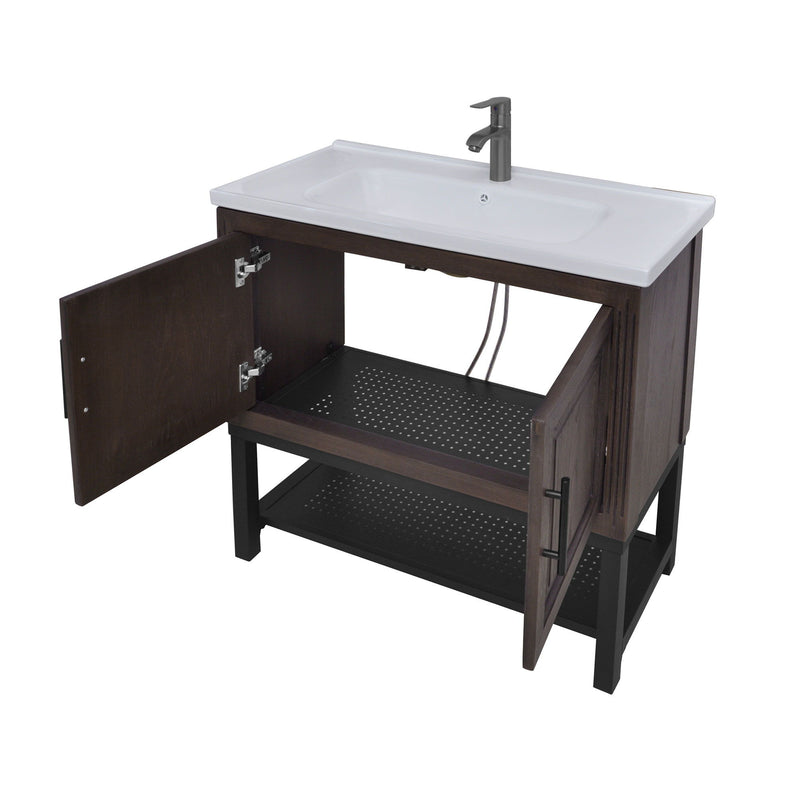 Modern Freestanding Bathroom Vanity With Ceramic Sink, Hot And Cold Faucet, Storage Cabinet & Open Shelf