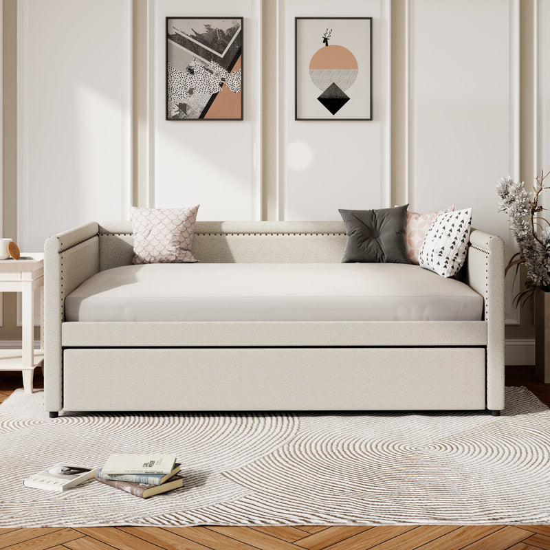 Modern Style Upholstered Daybed With Trundle For Guest Room, Small Bedroom