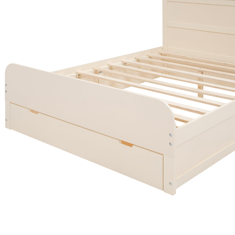 Full Size Platform Bed with Storage Headboard and a Big Drawer, Cream
