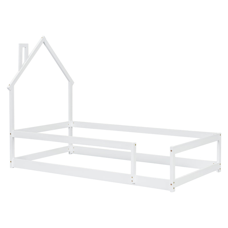 Twin Size Wood bed with House-shaped Headboard Floor bed with Fences,White