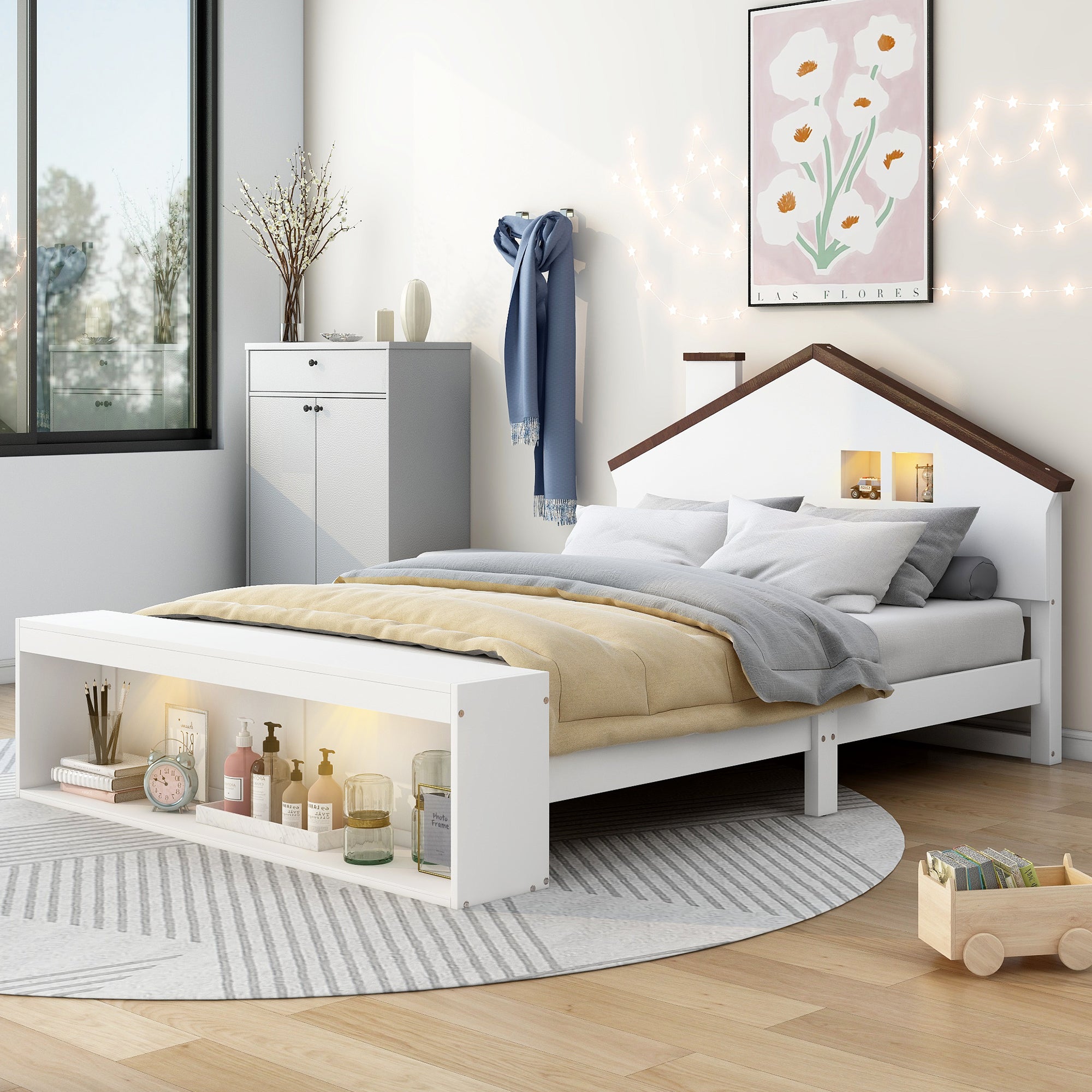 Full Size House Platform Bed with LED Lights and Storage, White - Atlantic Fine Furniture Melbourne FL