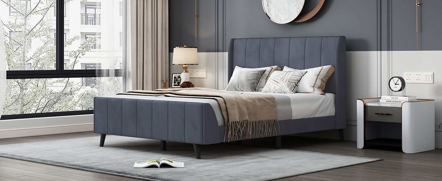 Full Size Upholstered Platform Bed, Velvet, Gray - Atlantic Fine Furniture Melbourne FL