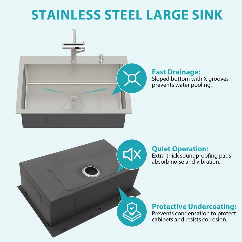 30" Single Bowl Drop In Kitchen Sink With Pull Out Faucet And Soap Dispenser - Brushed Nickel