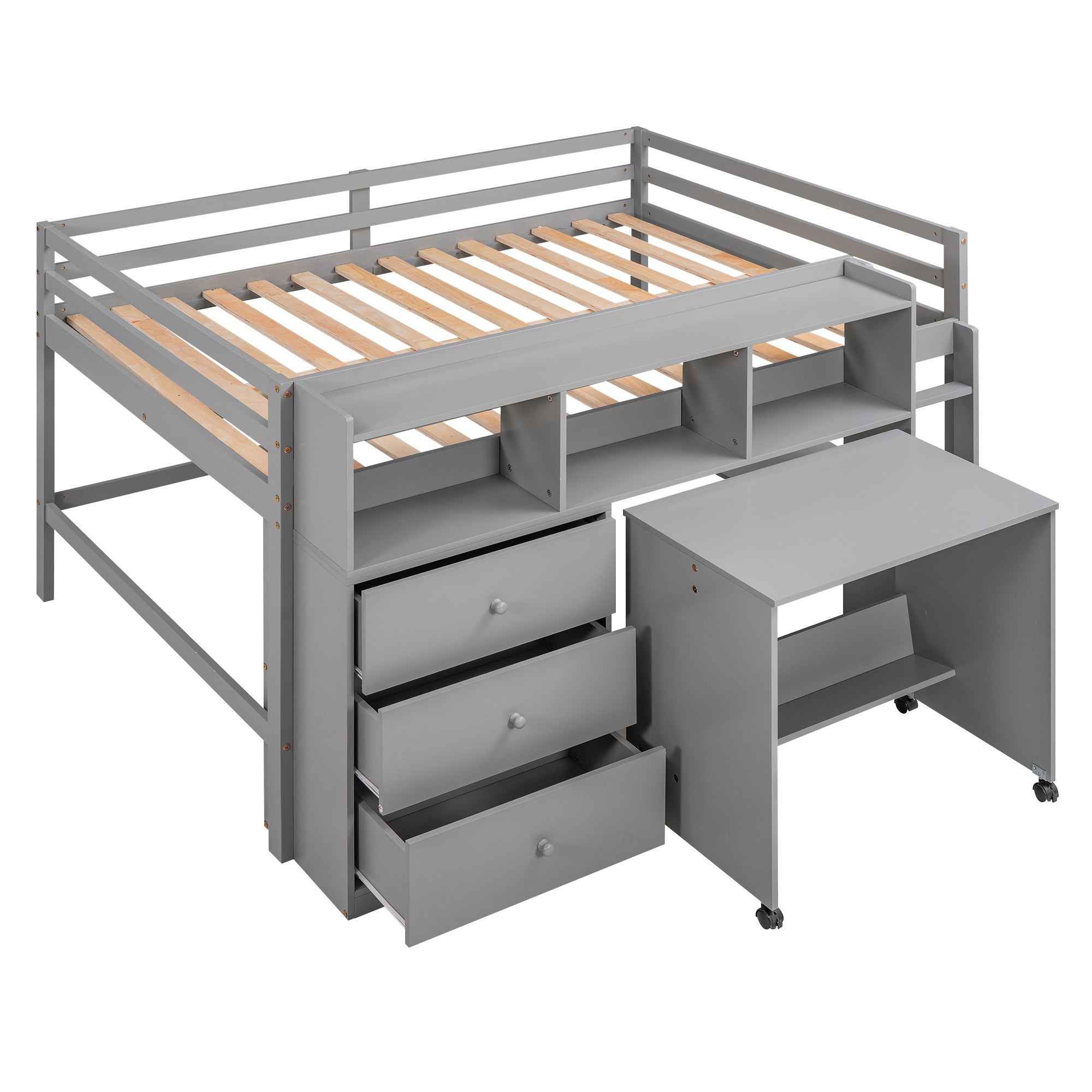Full Size Low Loft Bed with Rolling Portable Desk, Drawers and Shelves, Gray(Old SKU: GX000711AAE) - Atlantic Fine Furniture Melbourne FL