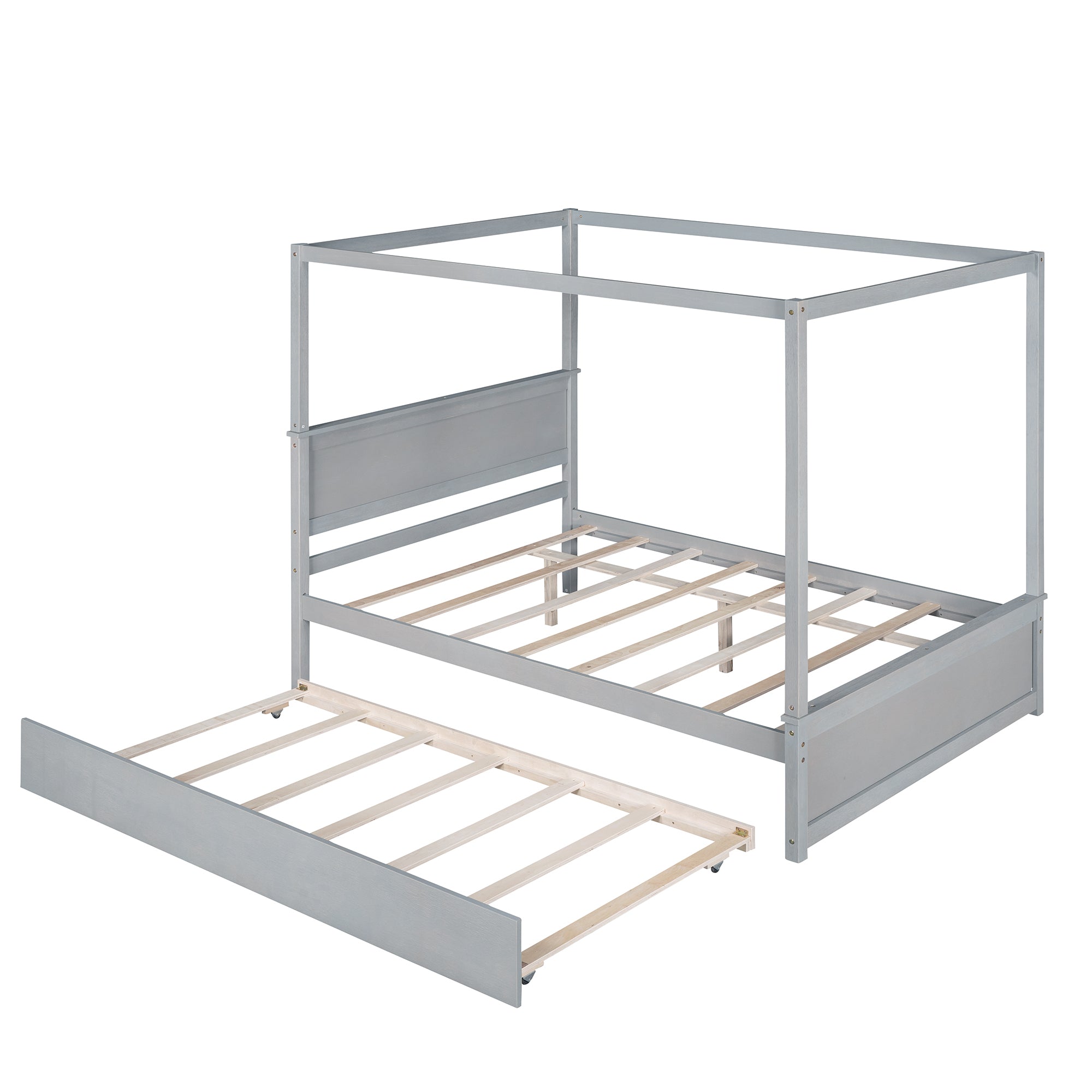 Wood Canopy Bed with Trundle Bed ,Full Size Canopy Platform bed With  Support Slats .No Box Spring Needed, Brushed Gray - Atlantic Fine Furniture Melbourne FL