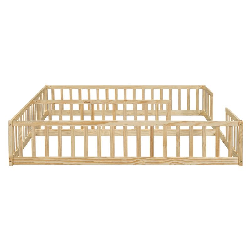 Double Twin Floor Bed with Fence, Guardrails, without door, Natural