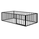 Twin Size Metal Floor Bed Frame with Fence and Door, Black