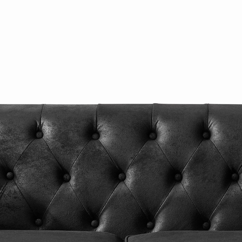 Chesterfield Sofa, High Tech Fabric Roll Armrest, 3 Seater Mid Century Modern Couch - Black