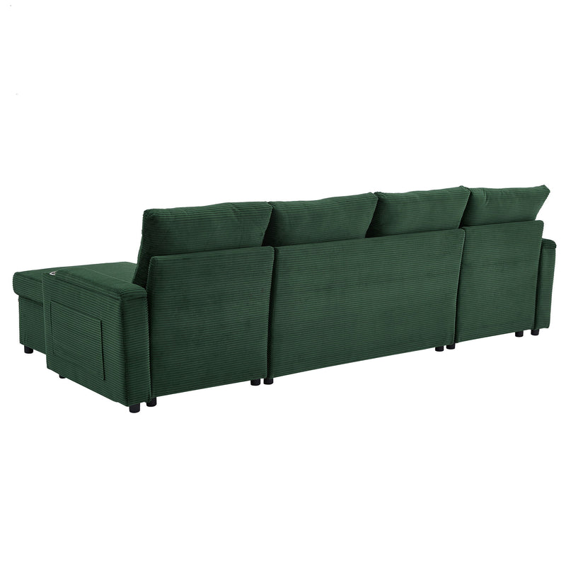 U Shaped Sectional Sofa Bed With Storage Chaise Lounges, USB Ports, And Cup Holders