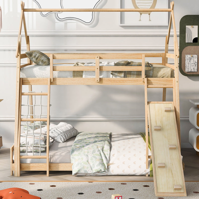 Twin Over Queen House Bunk Bed With Climbing Nets And Climbing Ramp