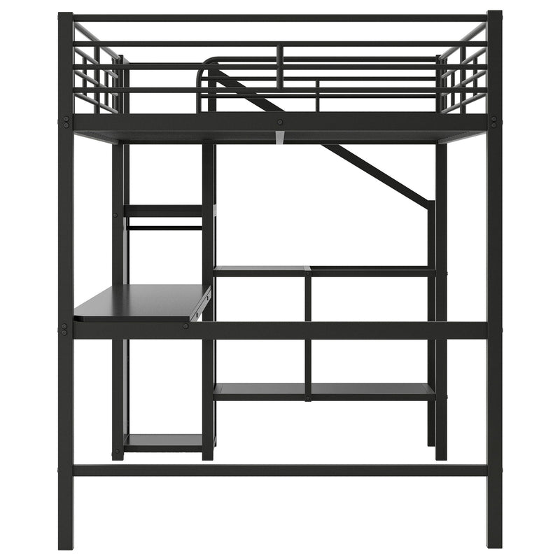 Full Size Loft Bed With Desk, Storage Staircase, Small Wardrobe And LED Light - Black
