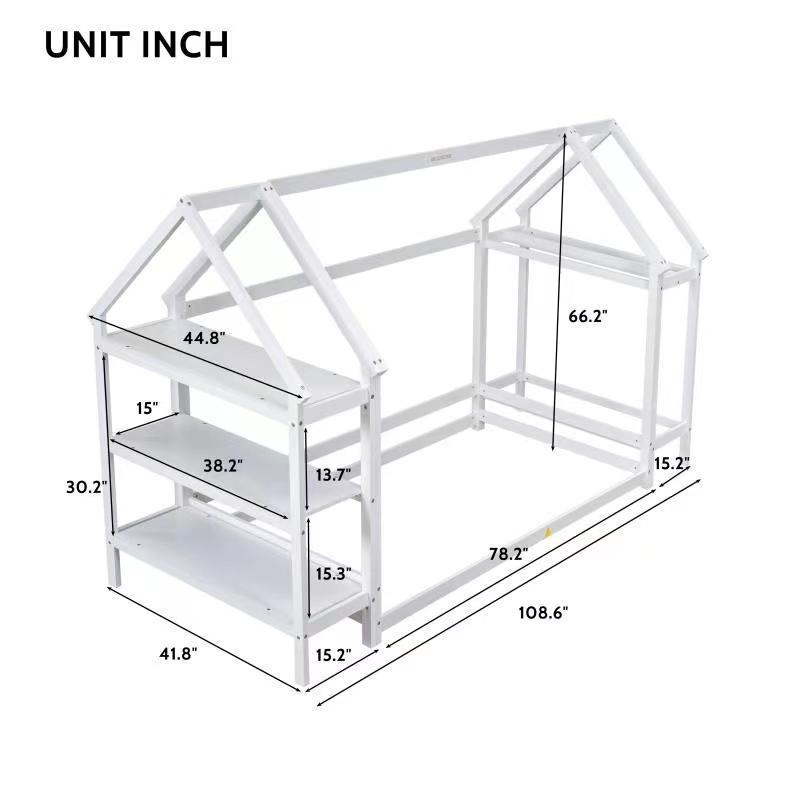 Twin size wood house bed with storage shelf and hanger ,kids bedroom set,White