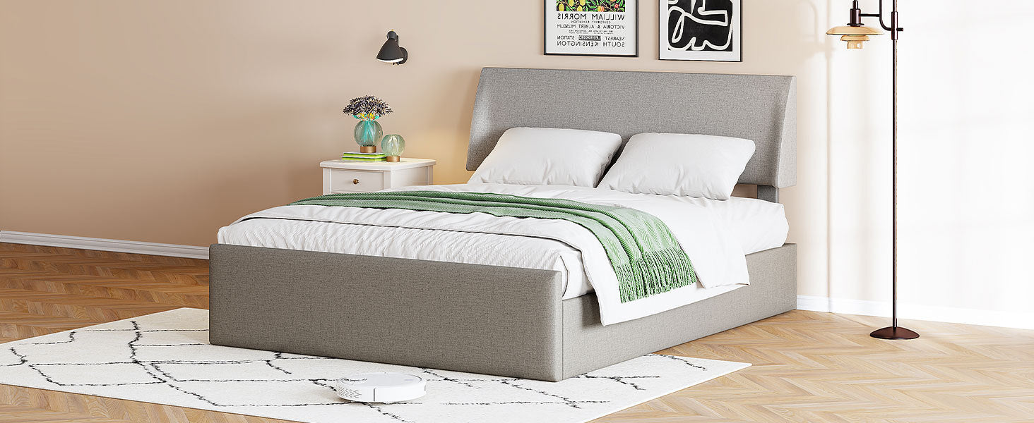 Full Size Sleigh Bed with Side-Tilt Hydraulic Storage System, Linen Upholstery, Gray - Atlantic Fine Furniture Melbourne FL