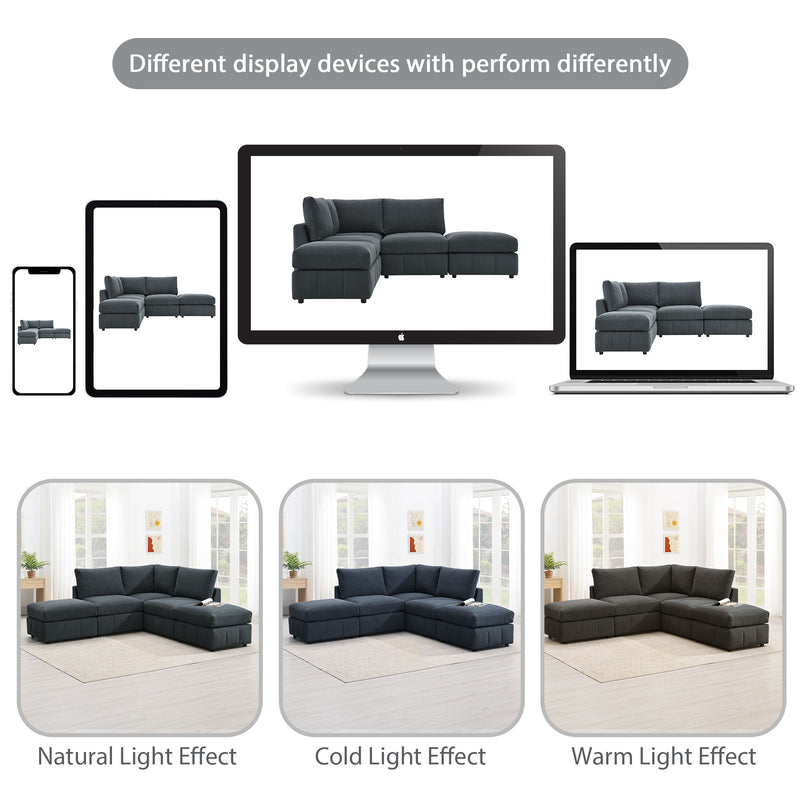 Modern Sectional Sofa With Vertical Stripes, 5 Seat Armless Couch Set With Convertible Ottomans, Various Combinations, L-Shape Indoor Furniture For Living Room