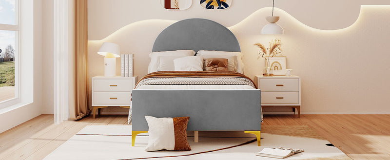 Twin Size Upholstered Platform Bed with Classic Semi-circle Shaped headboard and Mental Legs, Velvet, Gray