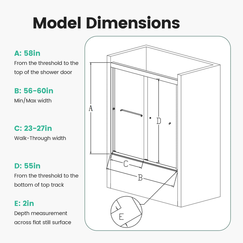 56" -60" W*58" H Semi-Frameless Double Sliding Tub Door, Bypass Bathtub Shower, 1 / 4" (6Mm) Thick SGCC Tempered Glass Door - Chrome