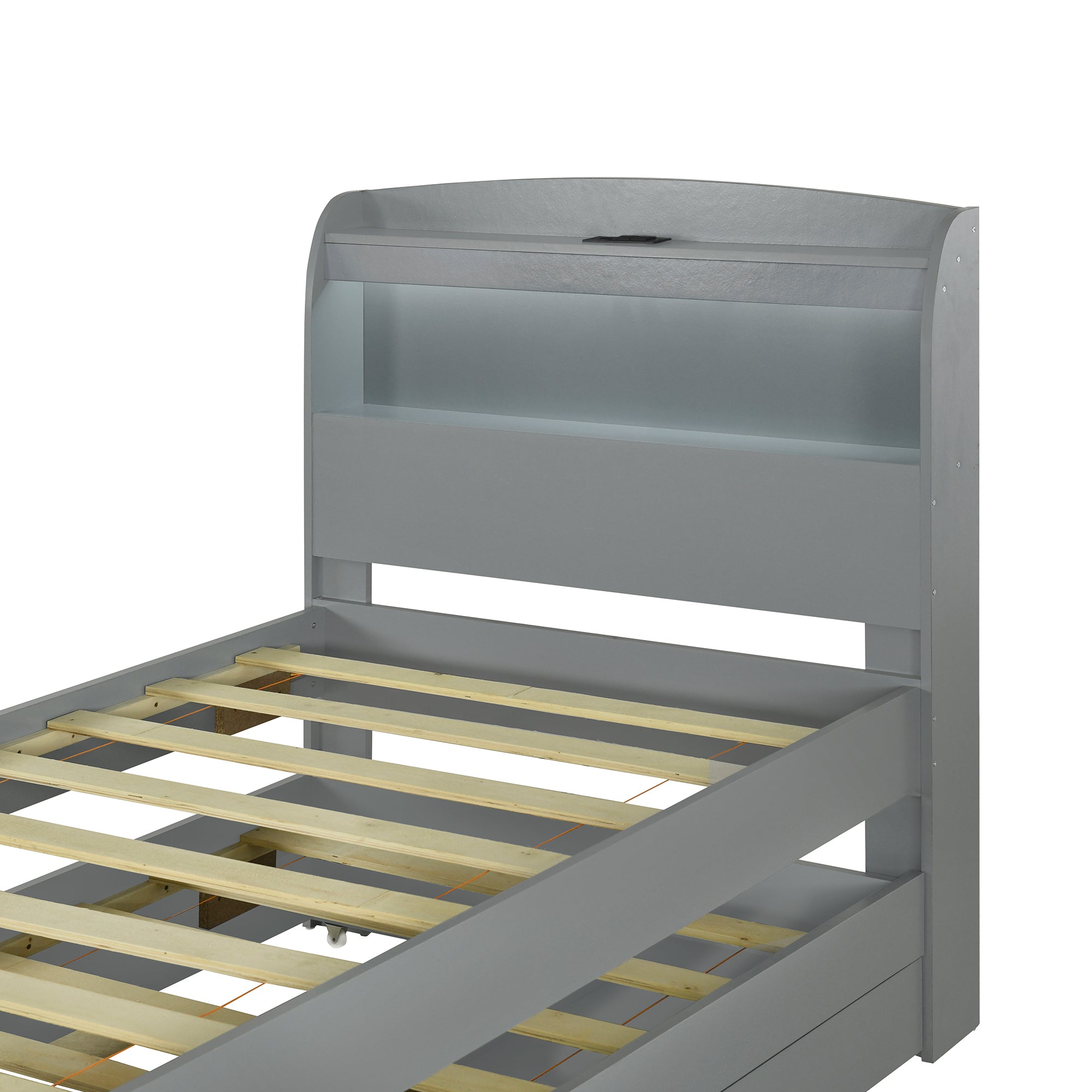 Twin XL Size Platform Bed with Storage LED Headboard, Charging Station, Twin Size Trundle and 2 Drawers, Gray - Atlantic Fine Furniture Melbourne FL