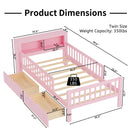 Bed With Headboard Storage Rack, 2 Under Bed Drawers, 3 Side Guardrails For Safety