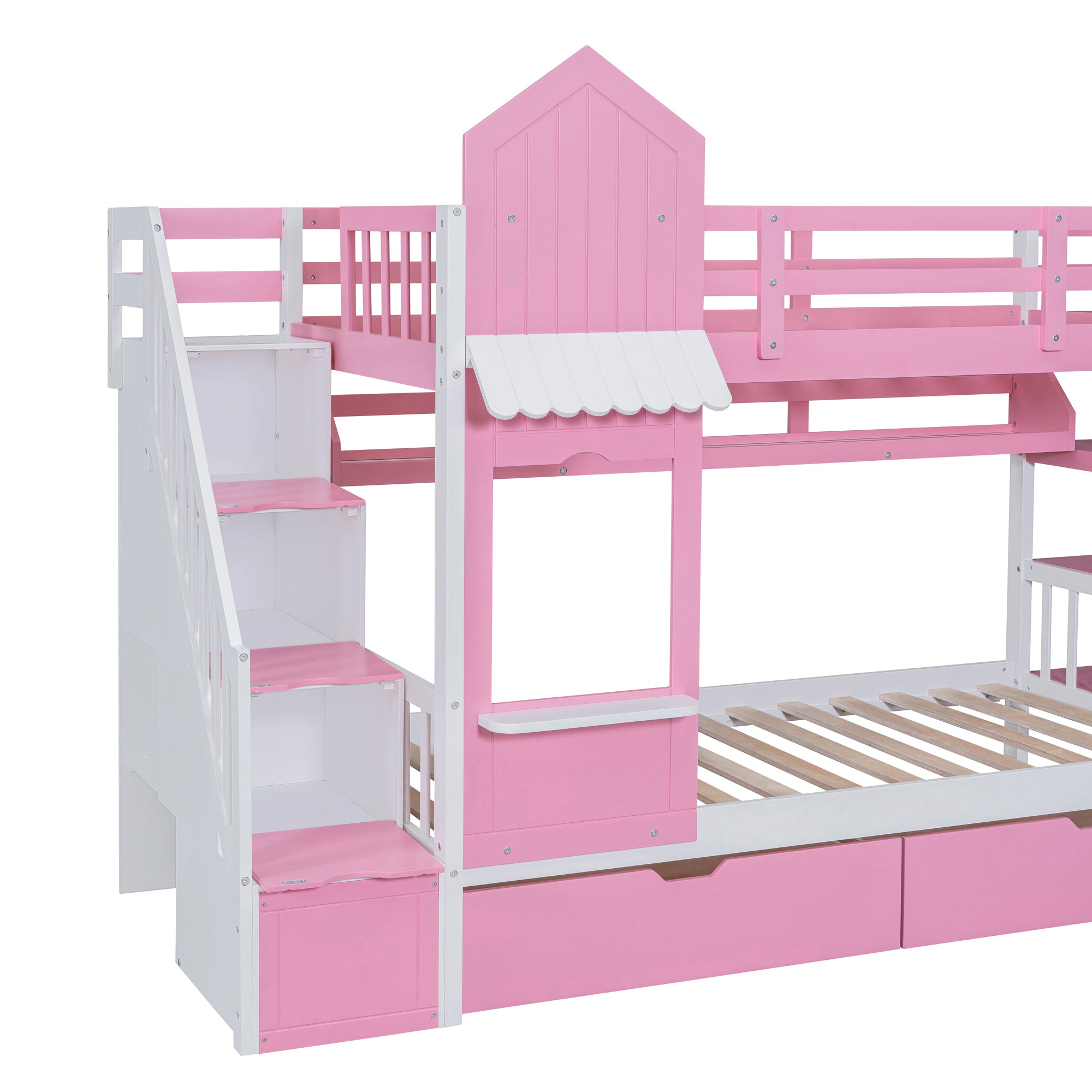 Twin-Over-Twin Castle Style Bunk Bed with 2 Drawers 3 Shelves and Slide - Pink - Atlantic Fine Furniture Melbourne FL