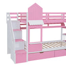 Twin-Over-Twin Castle Style Bunk Bed with 2 Drawers 3 Shelves and Slide - Pink