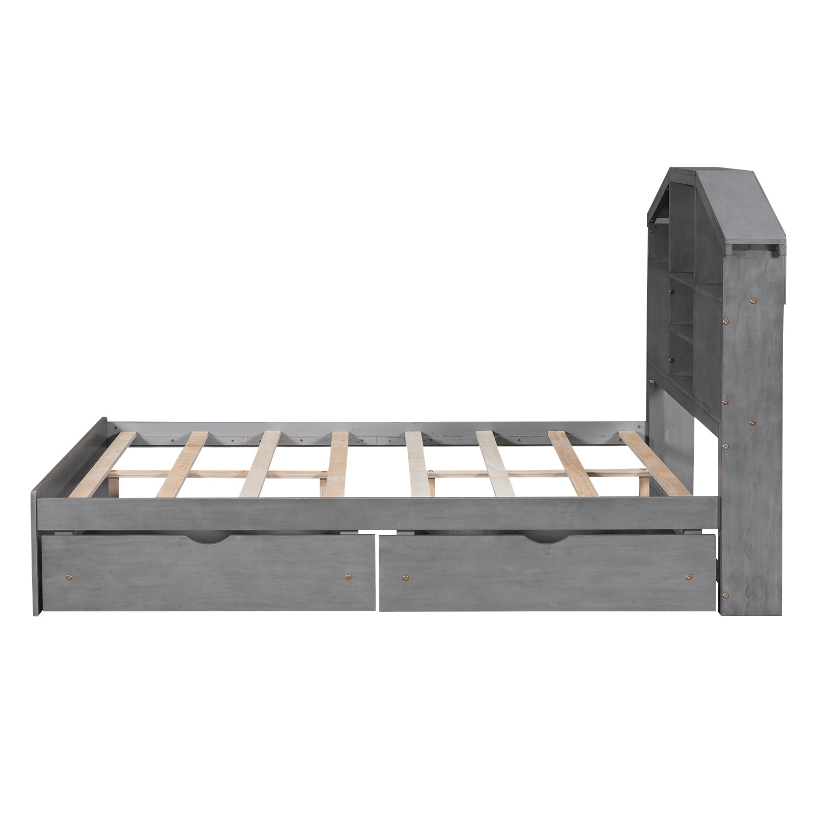 Full Size Wood Platform Bed with House-shaped Storage Headboard and 2 Drawers, Gray - Atlantic Fine Furniture Melbourne FL