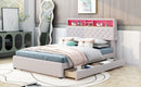 Full Size Upholstered Platform Bed with Storage Headboard, LED, USB Charging and 2 Drawers, Beige