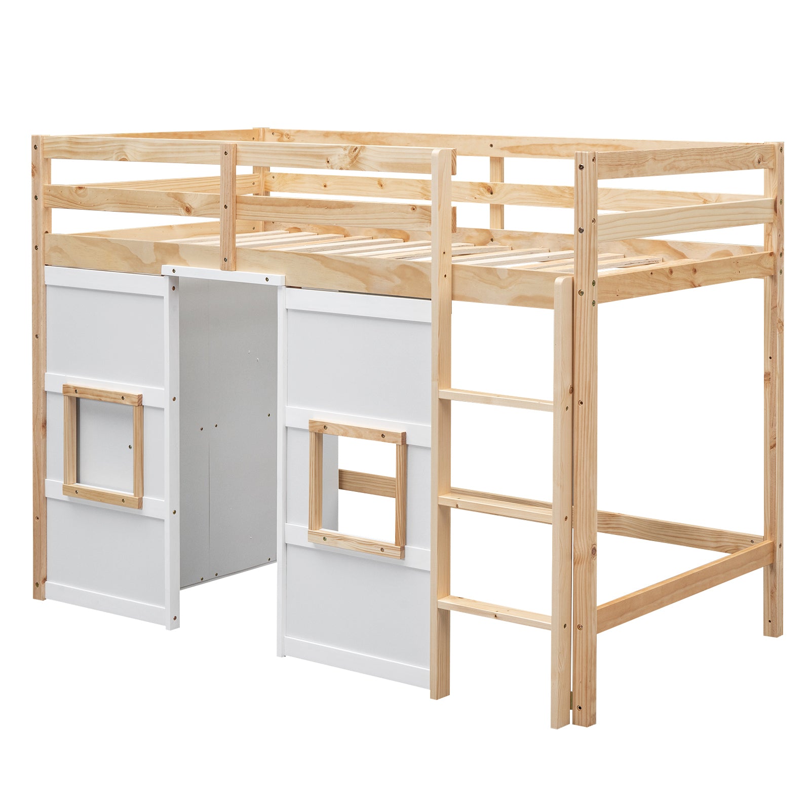 Wood Twin Size Loft Bed with Built-in Storage Wardrobe and 2 Windows, Natural/White - Atlantic Fine Furniture Melbourne FL