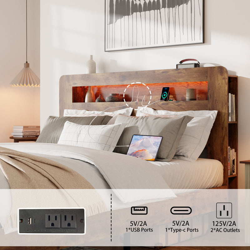 Wood Platform Bed Frame With Storage LED Light Headboard & USB